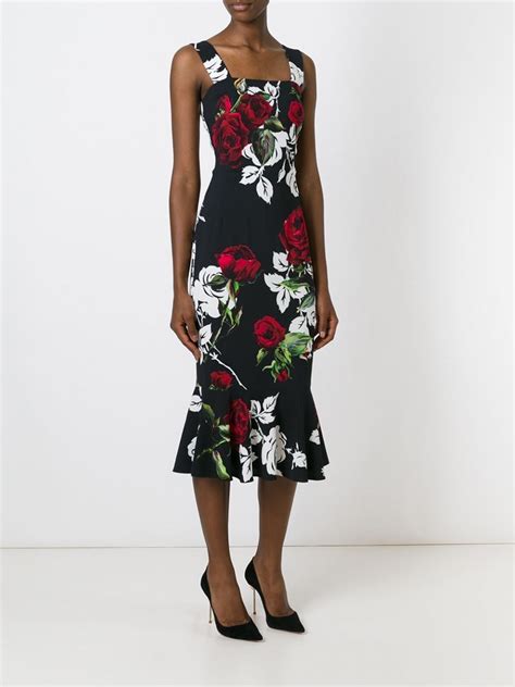 dolce gabbana black rose print flounce bottom|Floral lace midi dress in Black for Women .